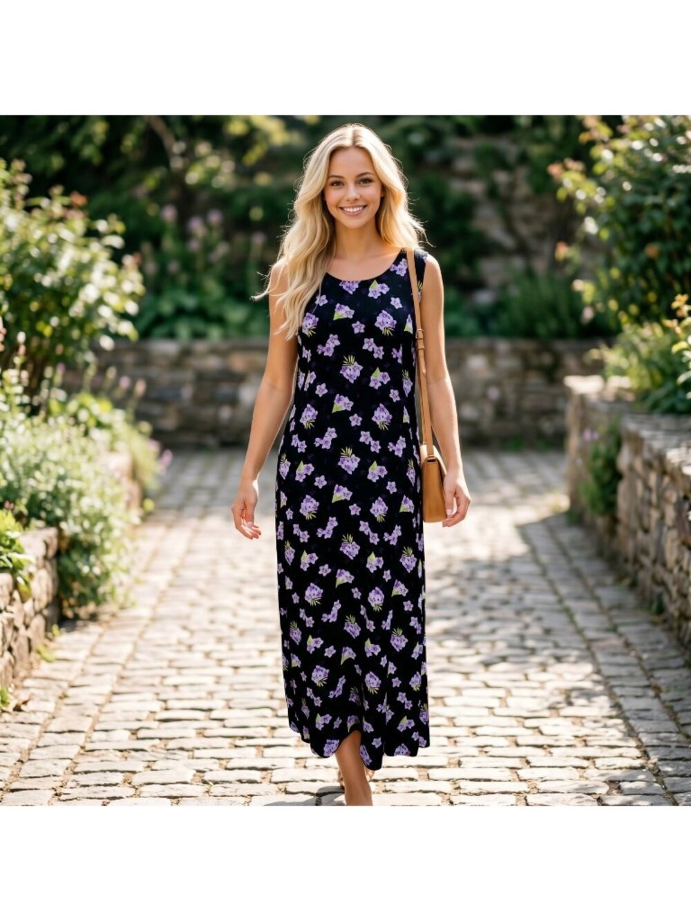 VTG Dark Floral Maxi Dress Sz 10 Crinkle Rayon Side Slit Black Purple Thin